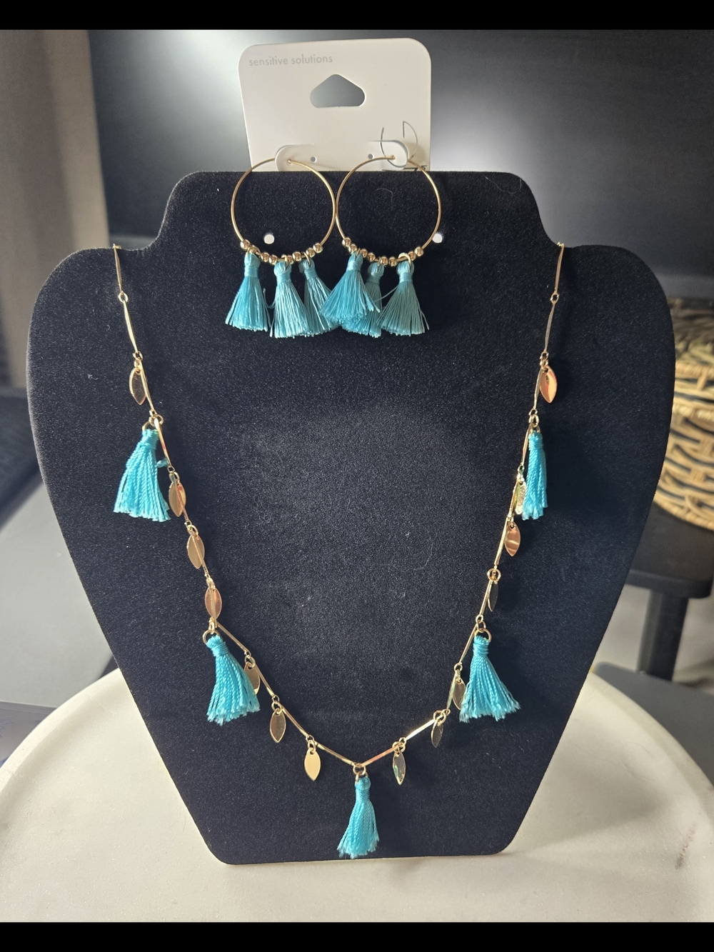 Gold-Tone Necklace & Hoop Earrings Set with Turquoise Tassels